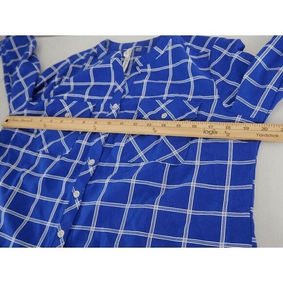 NY Collection Women's Blue Petite 3/4 Sleeve Roll Tab Y Neck Blouse PL - Picture 4 of 7